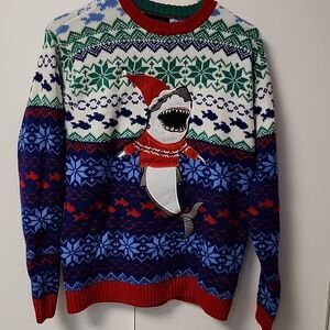Buzzard Bay Sweater Mens small Blue Shark Ugly Christmas Sweater Sweatshirt